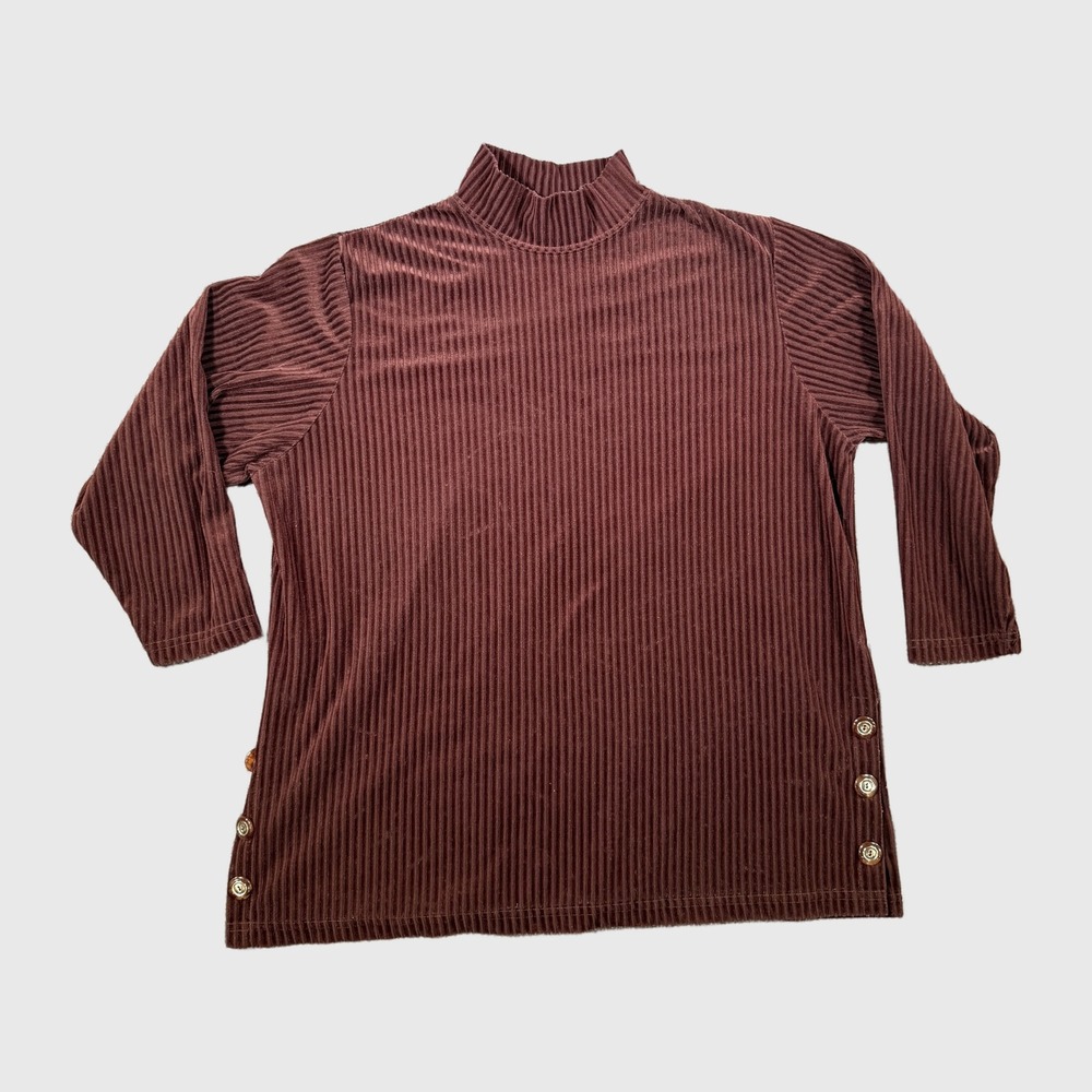 Diane Von Furstenberg DVF Brown Ribbed Velour Mock Neck Top 1X Button Detail